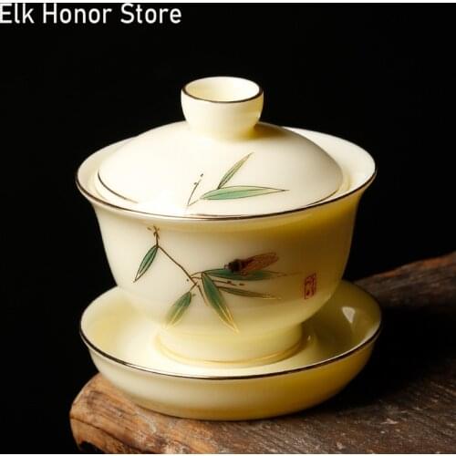 110ml Hand Painted Bamboo GaiWan Blue And White Porcelain Sea Wave Wave Fish Ceramic Bowl With Lid Drinkware As Birthday Gift