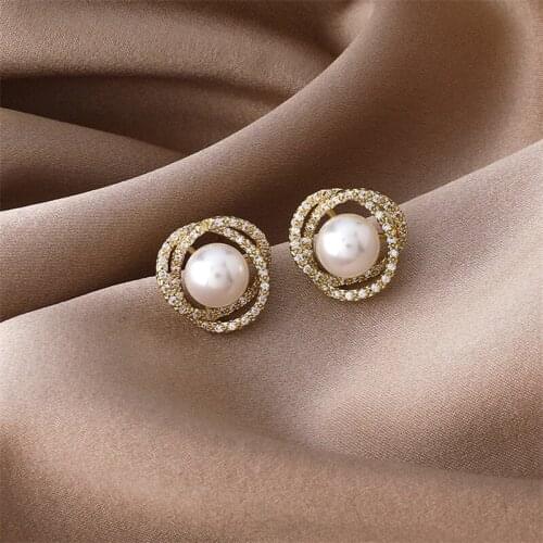2021 New Korean Round Simulated Pearl Rhinestone Flower Stud Earrings For Women Fashion Jewelry Zircon Oorbellen Brincos