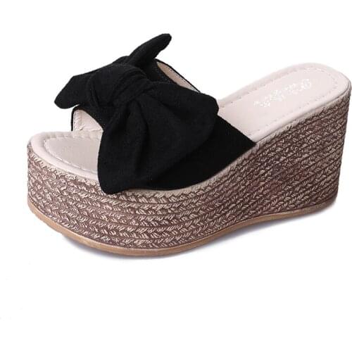 Brand Summer Women Wedge Slippers Suede Appliques Bow Platform Shoes Ladies Slip-on Open toe Fashion Thick Bottom Slippers