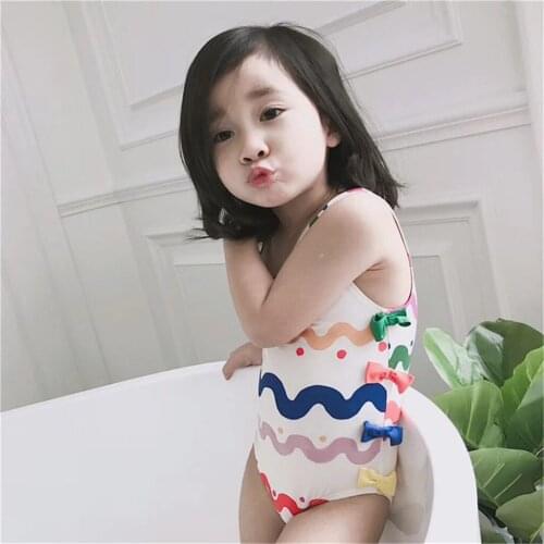 One-Piece Swimsuit for Girls Stripe Print With Bowknot With Swimming Cap Bikini Beachwear Cute Bathing Childrens Swimsuit 2021
