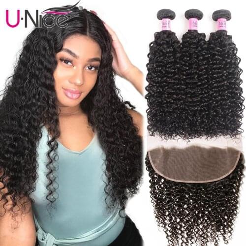 UNice Hair Deep Wave 3/4 Bundles With Frontal 12-26" Remy Human Hair Weave Bundles With Frontal Brazilian 3 Bundles With Frontal