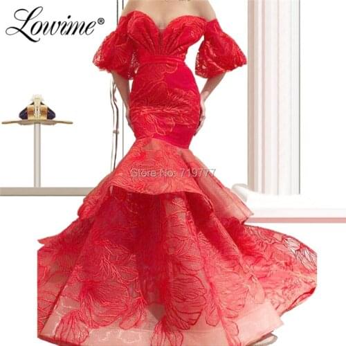 Red Mermaid Robe De Soiree Arabic Evening Dresses Islamic Dubai Kaftan Saudi Arabic Off Shoulder Party Gown Prom Dress 2019