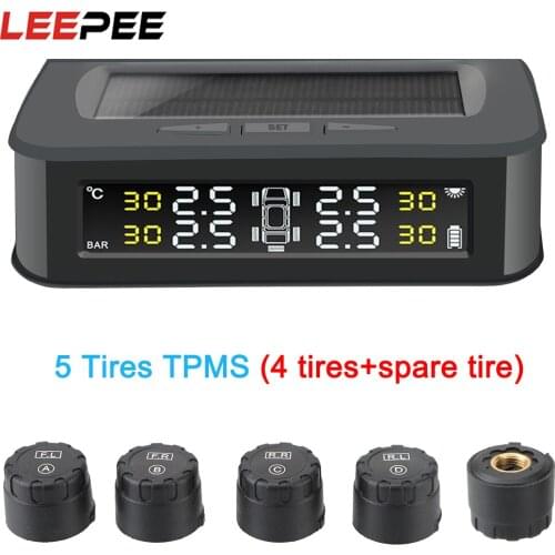 LEEPEE 5 Tire TPMS With External sensors Car Tire Pressure Alarm Monitor System Solar Charge Display Pressure Control Warning