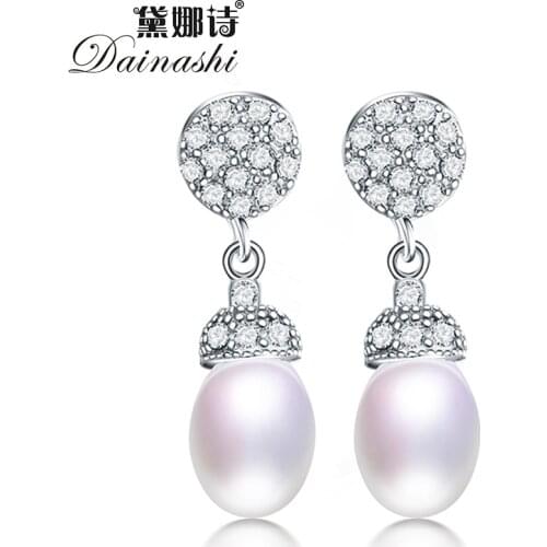 Dainashi Fashion 925 Sterling Silver Zircon Crystal Earrings for Women 100% Genuine Freshwater Cultured Pearl Drop Earrings