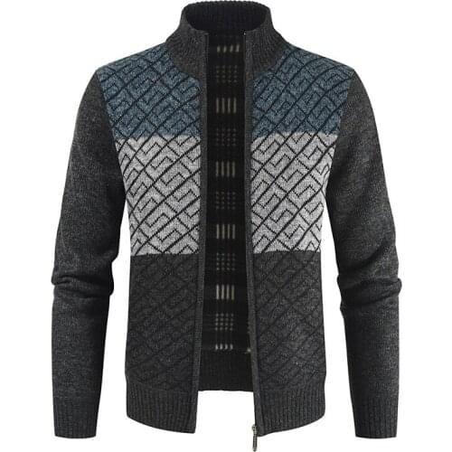 2020 New Mens Winter Thick Sweatercoat Stand Collar Cardigan Jackets Casual Zipper Patchwork Sweater Men Casual Fashion Jacket