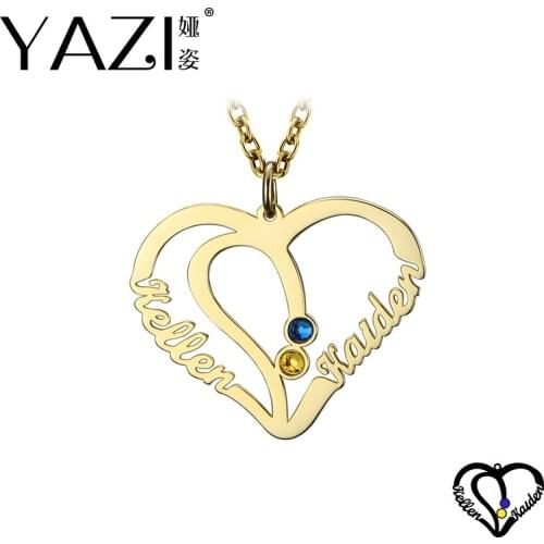 YAZI Personalized Heart Necklace With Two Names Birthstone Engrave Name Pendant Necklace Custom Jewelry Copper Valentines Gift