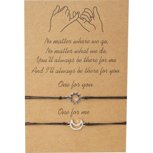 Handmade Braided Black Rope Bracelet Silver Color Bohemian Sun&Moon Charm Bracelets For Women Men Pinky Promise Card Bracelet