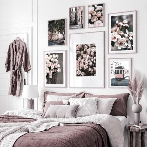 Pink Rose Peach Flower Car Tram Bus Quote Wall Art Canvas Painting Nordic Posters And Prints Wall Pictures For Living Room Decor