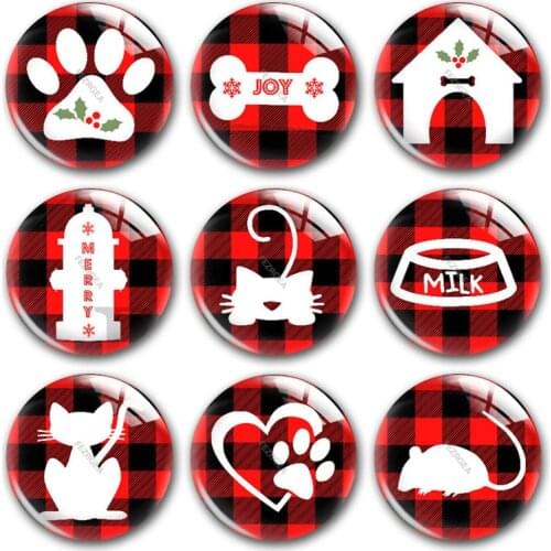 Handmade Christmas Cute Pet X-Mas Buffalo Plaid Round Photo Glass Cabochons Demo Flat Back DIY Jewelry Making Findings Accessory