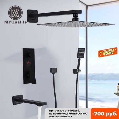 Matte Black Bathroom Shower Faucet Black Digital All Metal Shower Faucets Set Rainfall Shower Head Digital Display Mixer Tap