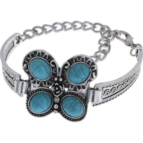 FYJS Unique Silver Plated Butterfly Shape with Green Turquoises Stone Bracelet Ethnic Style Jewelry