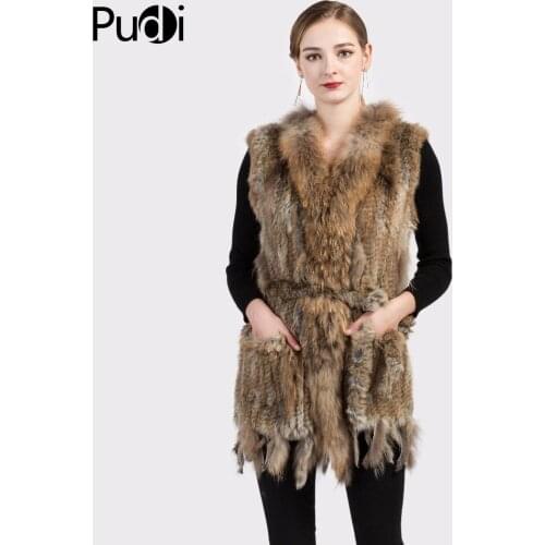 VR015 Women Genuine Natural Real rabbit fur Knitted Vests /Waistcoat/ gilet coats with tassels Raccoon Dog Fur collar Long style