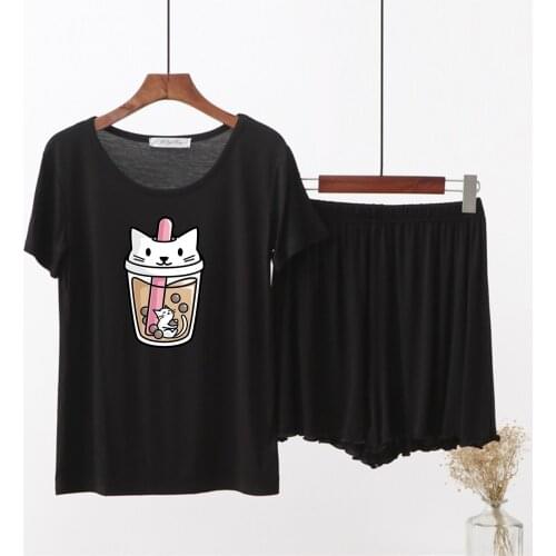 Simple Solid Modal Cotton Women Summer Pajamas Set Oversize Short Sleeve Homewear Cute Pearl Milk Tea Cat Cartoon Girl Sleepwear