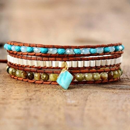 Premium Women Wrap Bracelets Natural Stones Rhinestone Amazonite 3X Leather Wrap Bracelet Fancy Femme Bracelets Dropship