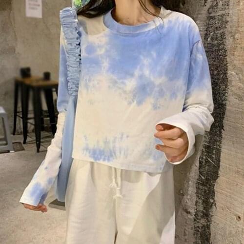 Women Tie-dye O-neck T-Shirts Harajuku Short Tees Tops Long Sleeve Womens T-shirts