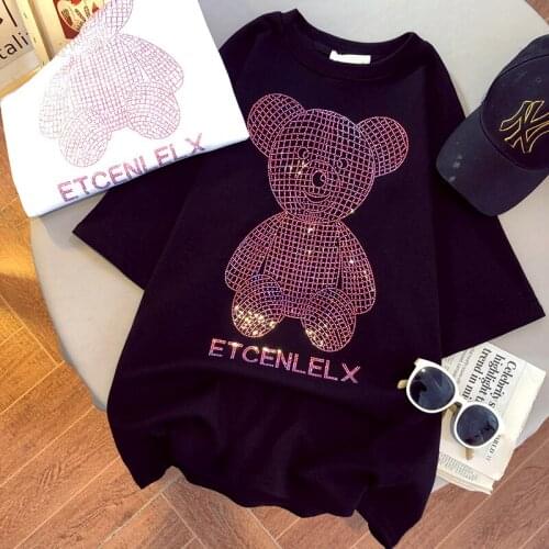 Womens Summer T-shirts Casual O-neck White Bottom Hot Drilling Cartoon Bear Graphic Tees Harajuku Girls Red Oversize Tops 2021