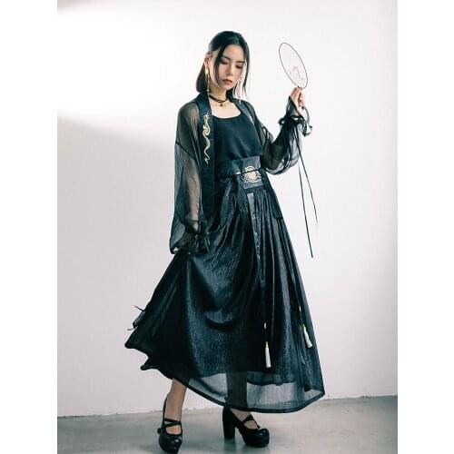 New Japanese Women Vintage Harajuku Punk Style Black Print Chiffon Coat Streetwear Fashion Gothic Long Sleeve Casual Outwear