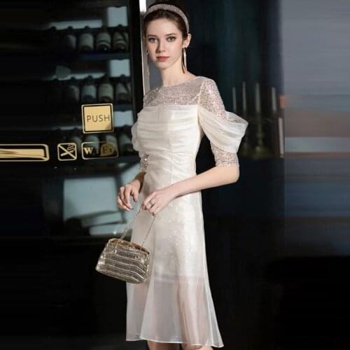 Sequins A Line Elegant Jewel Evening Dress Knee Length Apricot Pleats Half Sleeves Zipper up Lace Joining Together 2021 New Gown