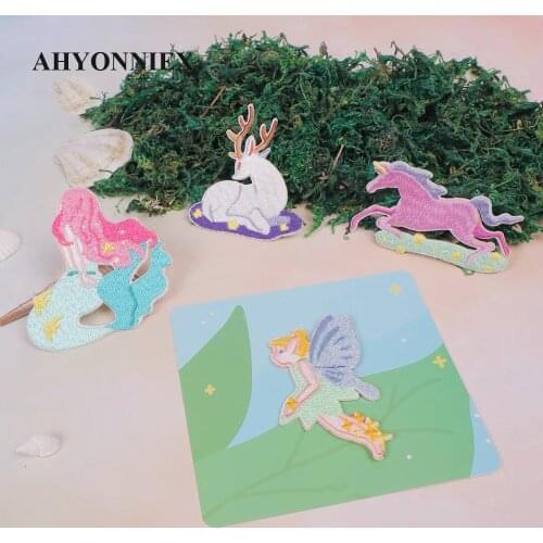 AHYONNIEX 1 Piece Embroidered Cute Fairy Tales Patches Clothes Bags DIY Applique Embroidery Parches Iron On Patch for Clothes