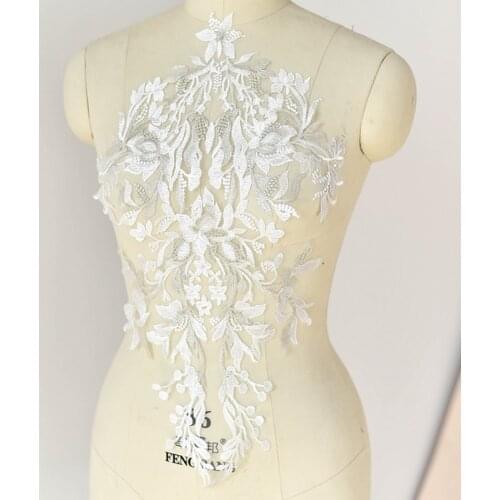 1Pc Luxury White Big Embroidery Patch Wedding Dress Applique Lace Fabric DIY Bridal Gown Scrapbooking