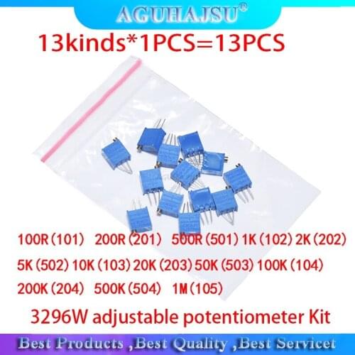 13kinds*1PCS=13PCS 3296W adjustable potentiometer Kit contains 100R 200R 500R 1K 2K 5K 10K 20K 50K 100K 200K 1M