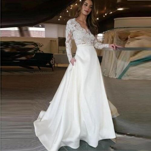 2020 Long Sleeve Wedding Dress V Neck A Line Appliques Lace Top Satin Skirt Wedding Gown with Pocket Custom Made Bride Dress