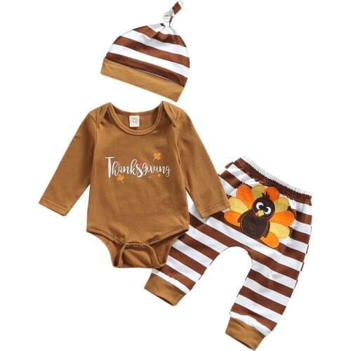 2021-07-02 Lioraitiin 0-18M Infant Baby Girl Boy 3Pcs Thanksgiving Day Outfits Long Sleeve Letter Print Romper Turkey Pants Hat