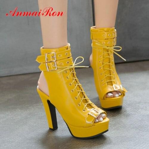 ANMAIRON Casual PU Gladiator Lace-Up High Heels Sandals Women Fashion Buckle Square Heel Women Shoes Peep Toe Sandals size 34-43