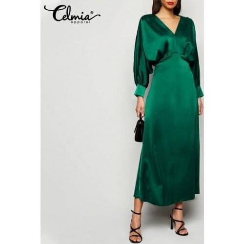 Celmia Elegant Women Satin Maxi Dress Autumn Sexy Long Bat Sleeve V Neck Party Vestidos Silk Long Sundress Solid Bohemian Robe