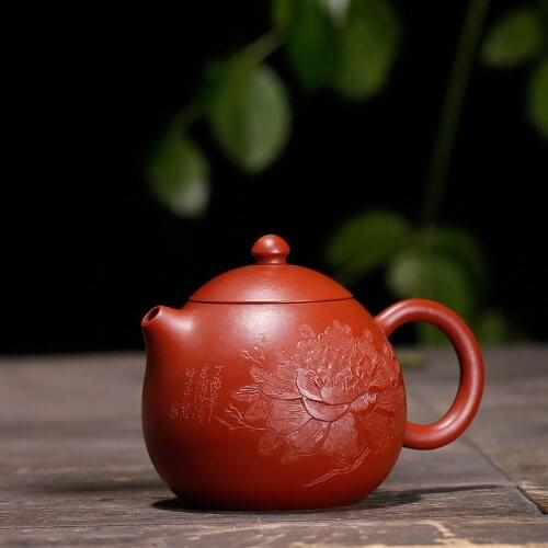 Dahongpao handmade teapot carved painted peony yixing kettle drinkware