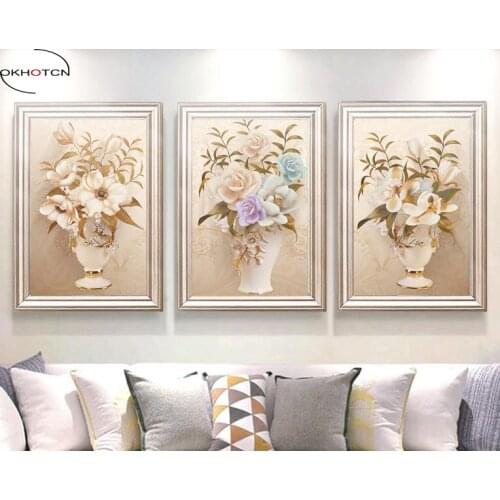 Unframed 3 Pieces/Set Flower Vase Retro Canvas Modular Printed Wall Art Painting Picture For Living Room Decor Poster
