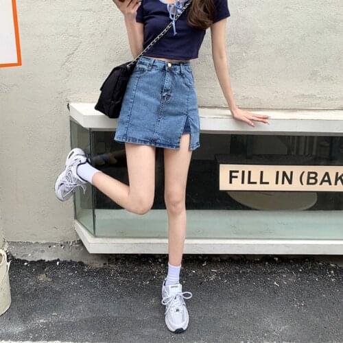 Spring denim skirt 2021 new a-line skirt high waist slimming split hip skirt all-match short skirt