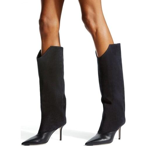 Elegant Grey Wide Shaft Boots Patchwork Sexy Pointy Toe Knee High Women Office Shoes Winter Spring Slip On Suede Long Boots