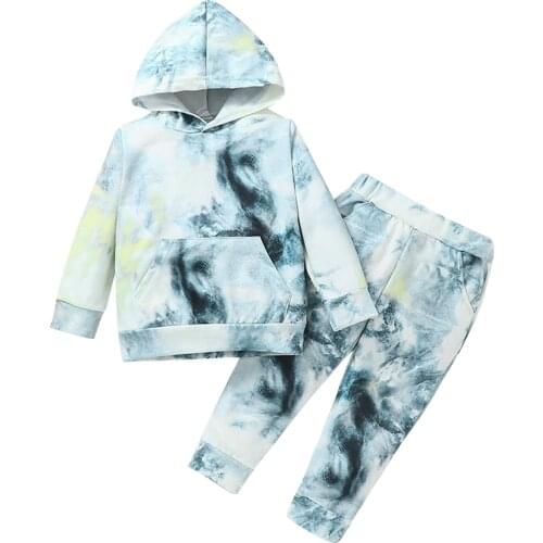 FOCUSNORM 1-6Y Toddler Kids Boys Girls Clothes Sets 2pcs Tie-Dye Printed Hooded Long Sleeve Tops Pants Outfits