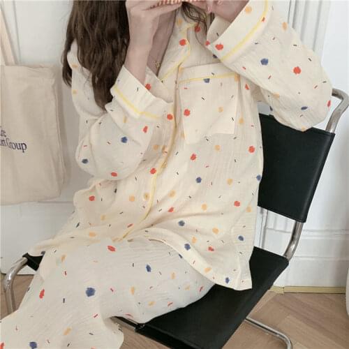 QWEEK Cotton Pijama Polka Dot Womens Pajamas Korean Sleepwear Long Sleeve Autumn Female Sets Pyjamas Cardigan Negligee Suit