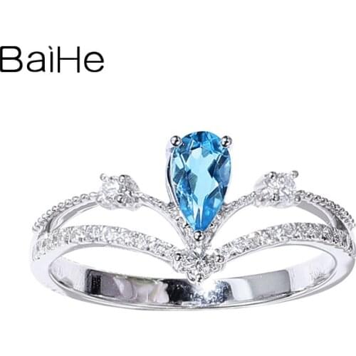 BAIHE Genuine Solid 14K White/Yellow Gold Aquamarine Ring Natural Diamonds Women Crown Ring Wedding Gift Princess кольцо Trendy