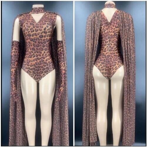 Leopard print costume gogo female song dance team bodysuit and cape