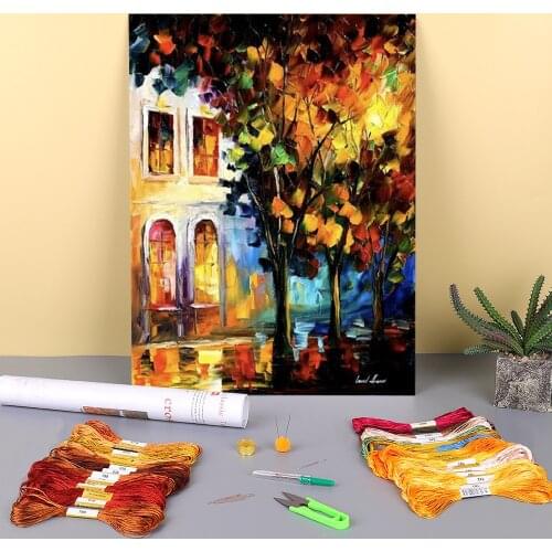 Oil Style Midnight Printed Fabric 11CT Cross Stitch Complete Kit DIY Embroidery DMC Threads Sewing Adults