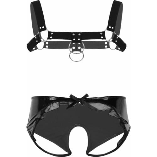 Chest Harness Belt Mens Clubwear Costumes Shoulder Chest Muscle Bondage Harness Belt with Leather Crotchless Open Butt Panties