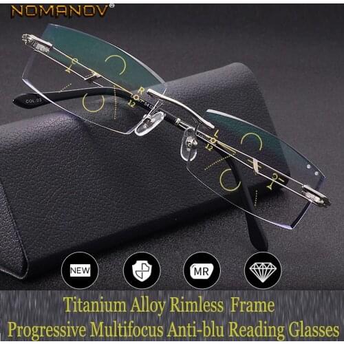 NOMANOV = Progressive Multifocal Reading Glasses Titanium Alloy Rimless Diamond Cut See Near And Far TOP 0 ADD +0.75 To +3