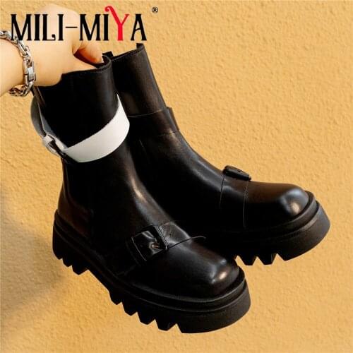 MILI-MIYA New Arrival Genuine Leather Street Chelsea Ankle Boots Women Brand Square High Heels Thick Bottom Autumn Winter Shoes