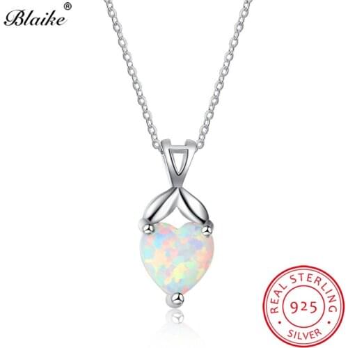 Blaike Cute White Fire Opal Heart Pendants Clavicle Necklace 100% Real S925 Pure Silver Rainbow Birthstone Choker Wedding Gifts