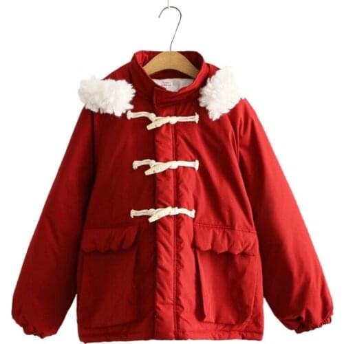 Winter Cotton Liner Hooded Parkas Thicken Long Sleeve Horn Buton Coat Women Solid Double Big Pockets Outerwear Warm Jacket