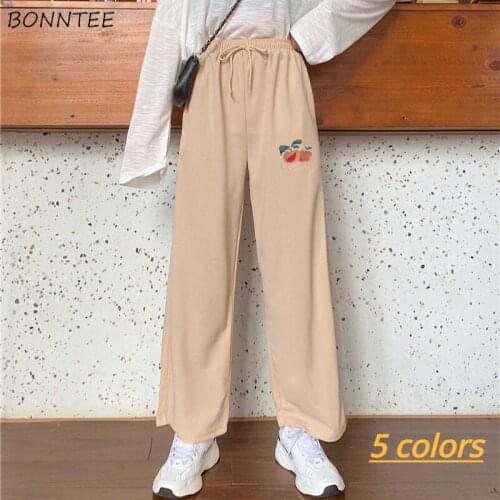 Casual Pants Women Candy Colors All-match Students Wide Leg Trousers Chic Korean Style Spring Teens Friends Cartoon Ankle-Length