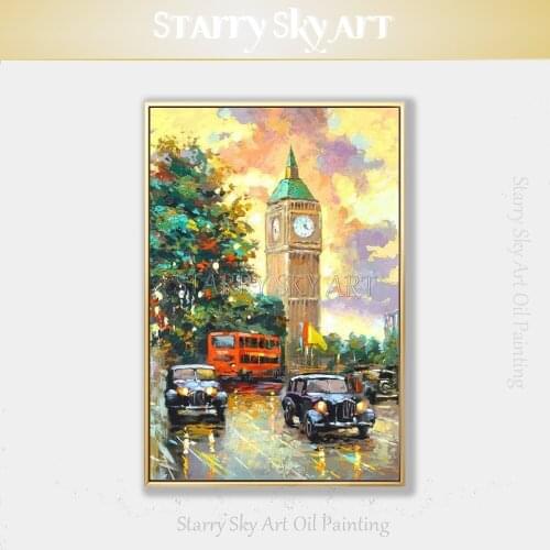 Artist Hand-painted London Street Oil Painting on Canvas Impressionist London Street Landscape Oil Painting for Living Room Wall
