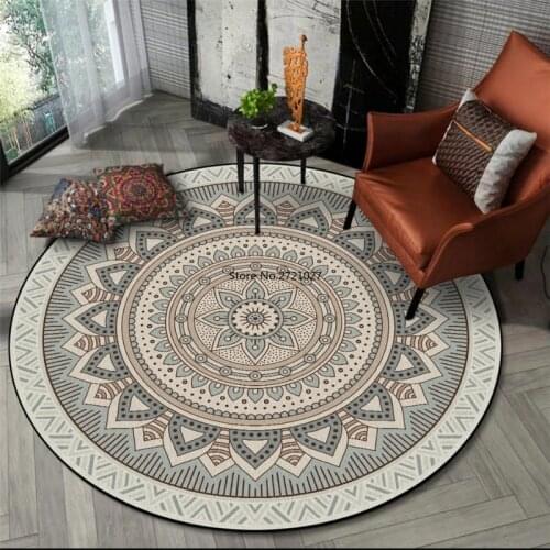Grey Mandala Flower Carpet Round Bohemian Carpet Simple Ethnic Style Floor Mat Bedroom Bedside Carpet