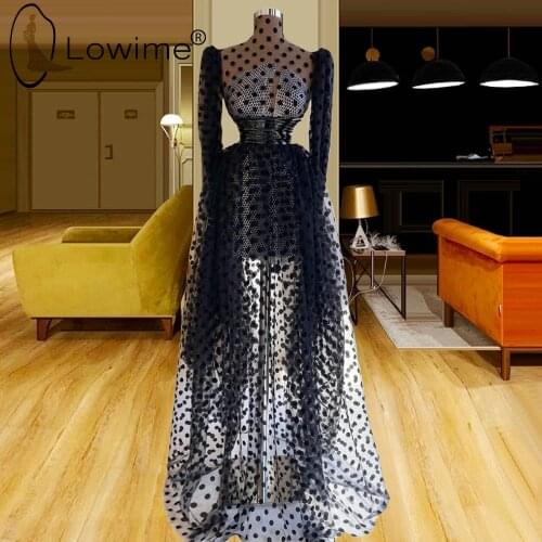 Black Dot Long Sleeve Evening Dresses A Line Muslim High Neck Evening Gowns 2021 Saudi Arabia Formal Party Dresses