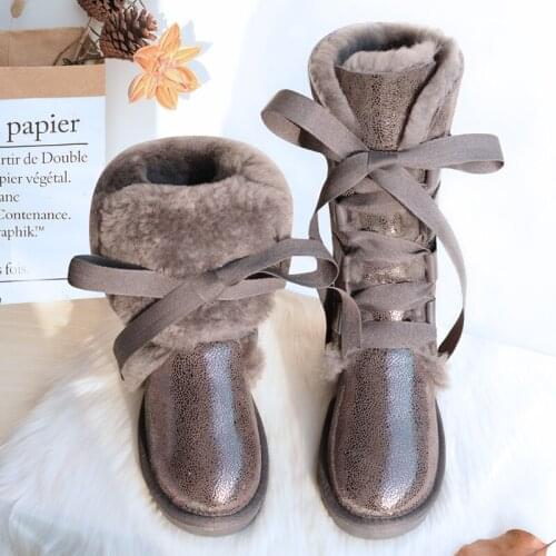 Waterproof New Fashion 100% Natural Fur Women Shoes Snow Boots Genuine Sheepskin Winter Long Boots Warm Wool Women Boots Shoes