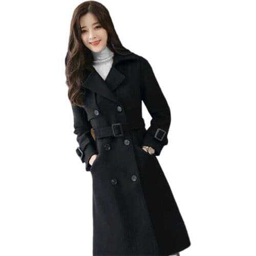 Upscale Winter Women Coats Wool Blend Overcoat Long Woolen Sashes Pockets Outerwear Korean Double Breasted Thick Warm Women Coat