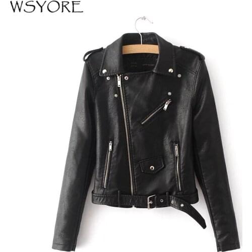WSYORE Hot Sale 2020 New Autumn Witner Women Motorcycle Faux PU Leather Black Jackets Lady Biker Outerwear Coat with Belt NS298